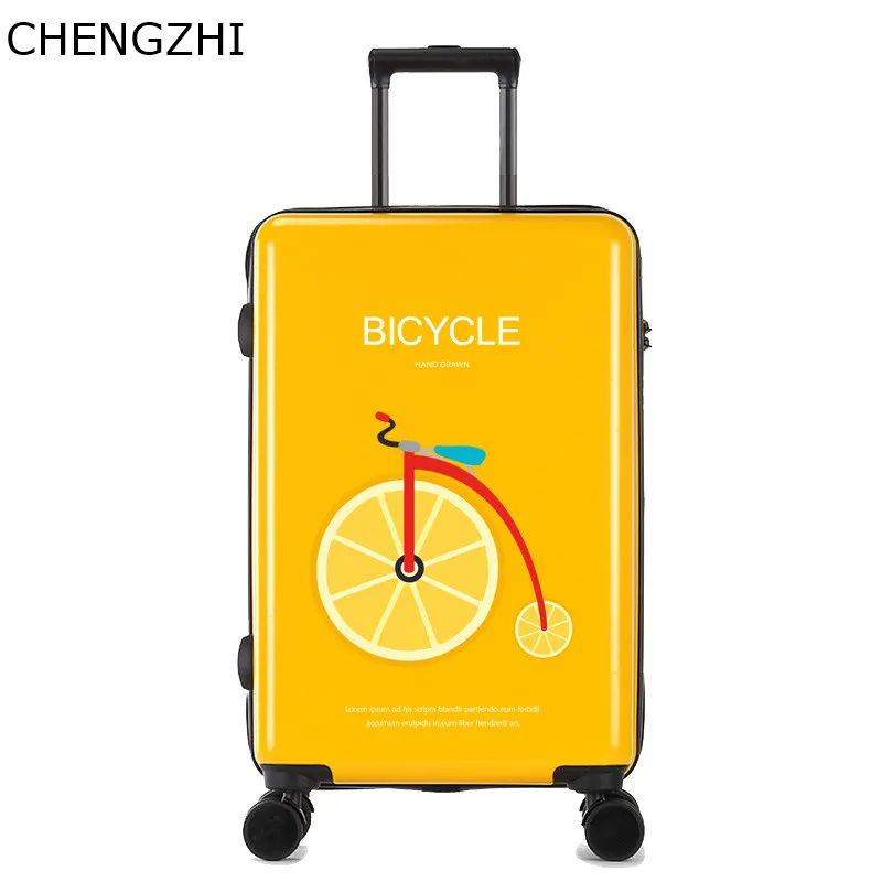 Чемодан CHENGZHI на колесиках Женский мультяшный бицикл с принтом для девочек 20/24/26