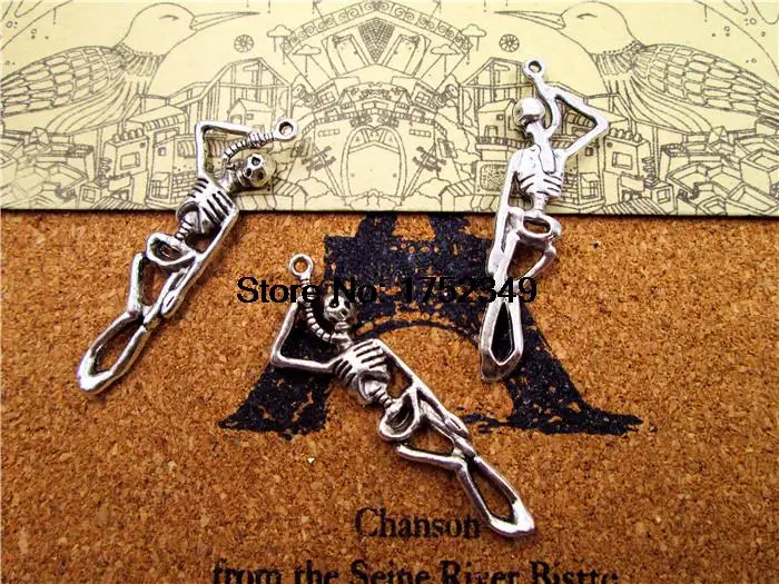 

15pcs Skeleton Charms,Antique Silver Skeleton Hanging on Rope Charm Pendants 12x42mm