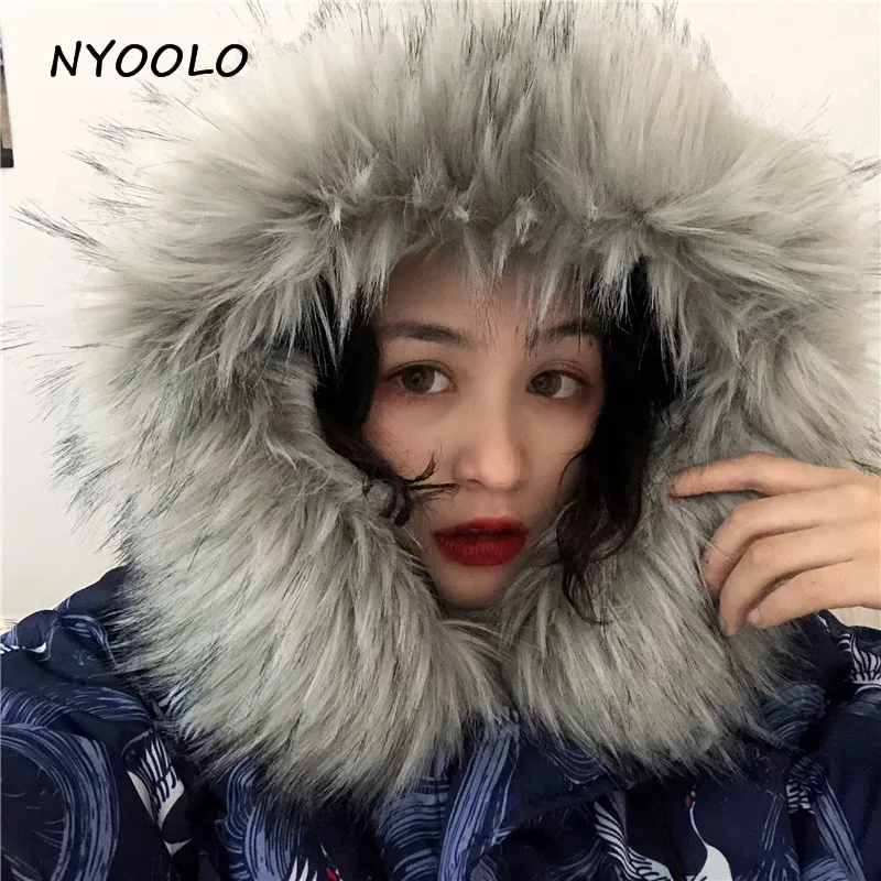 NYOOLO, зимние теплые пальто, с принтом Журавля, уличная одежда, свободный большой меховой воротник, на молнии, куртка с капюшоном, парки, Женская/Мужская одежда, верхняя одежда