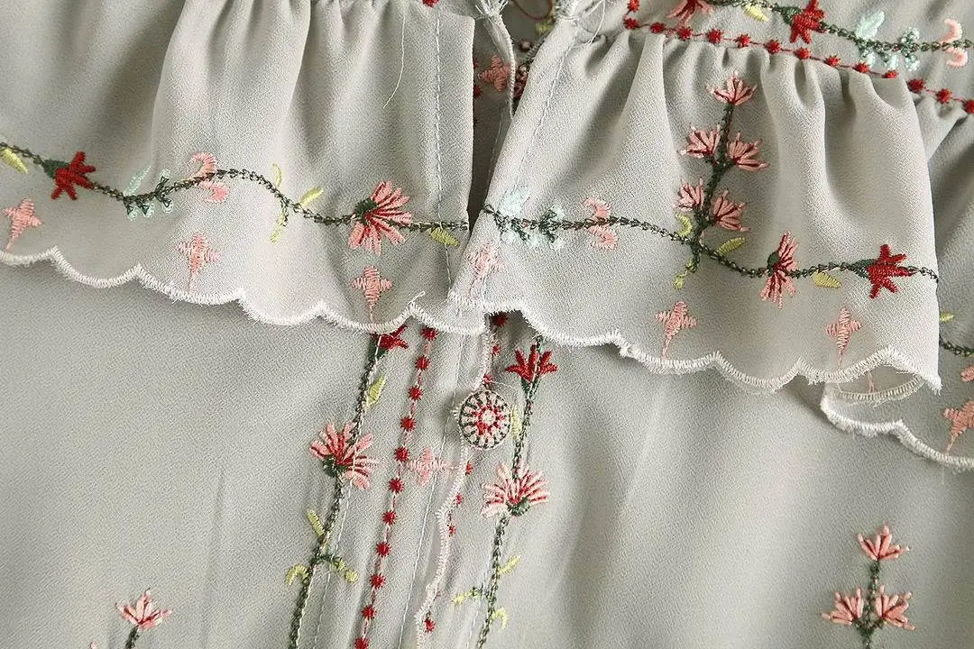 2020 spring new European and American style ruffled embroidered chiffon long-sleeved shirt |
