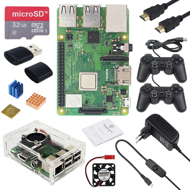 Raspberry Pi 3 Model B + игровой комплект 32G sd карта 2 геймпада акриловый чехол вентилятор 3A