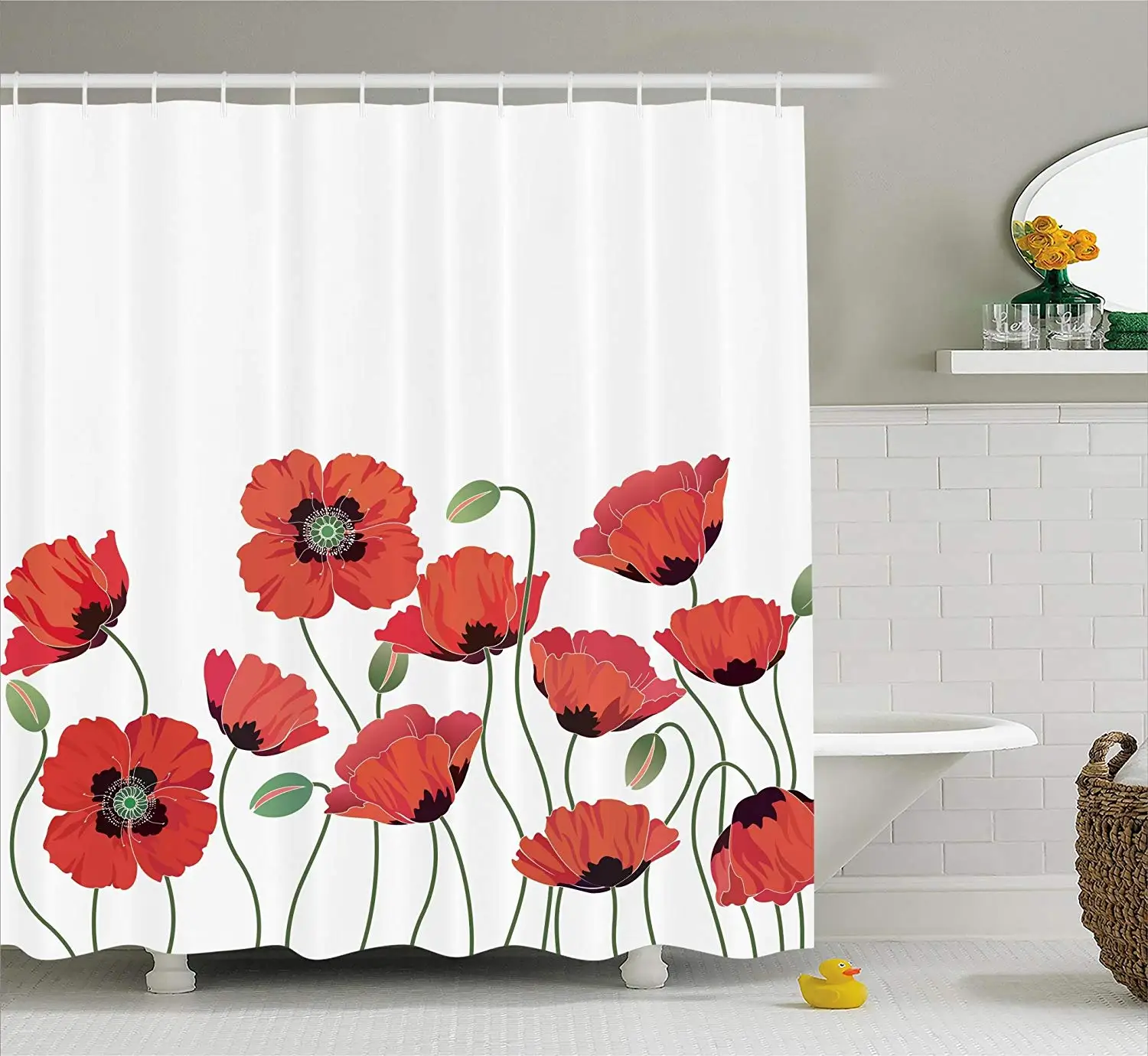 

Watercolor Flowers Decor Collection, Poppy Flowers Blooms with Watercolor Painting Effect Bathroom Shower Curtain