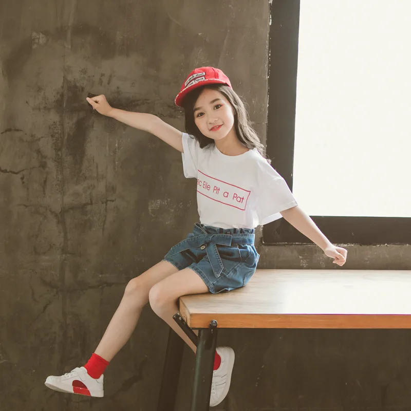 2 шт. хлопковая футболка и джинсовые шорты для девочек | Мать ребенок