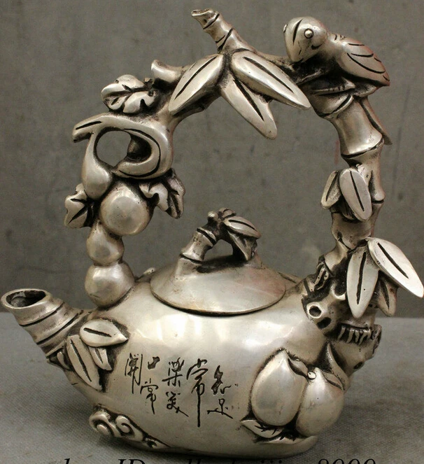 

decoration bronze factory outlets Tibet Silver 9" Chinese Silver HanZi Fly Cicada Gourd Bamboo Handle Statue Wine Pot Teapot