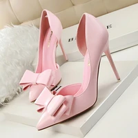 korean fashion elegant sweet bow heels high heels high heels shallow mouth tip side hollow shoes