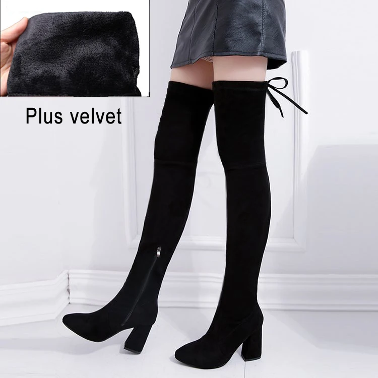 Black Fur Женские зимние высокие сапоги; Сапоги выше колена на толстом каблуке; женская обувь на высоком каблуке; сапоги до колена с острым носком; замшевая женская обувь - Цвет: Black Fur