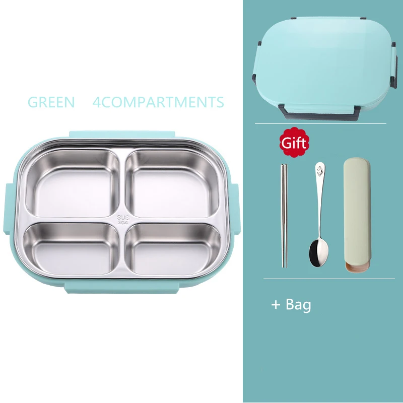 Green 4 bag ONEUP коробка для обедов из нержавеющей стали Экологичная Bento коробка с мешками и столовыми приборами термоконтейнер для хранения продуктов для взрослых студентов - Цвет: Green 4 bag
