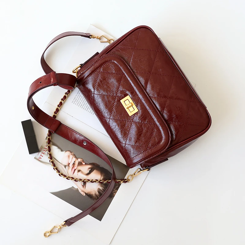 Designer Luxuyy Women Bag Oil Wax Cow Leather Shoulder Diamond Lattice Crossbody For Female | Багаж и сумки