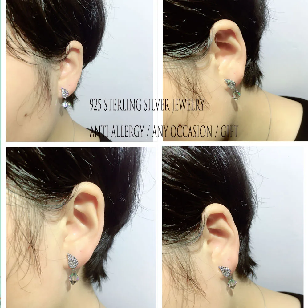 YOROMER 925 sterling silver earrings zirconia small wing stud earring women crystal fashion Jewelry grils white | Украшения и
