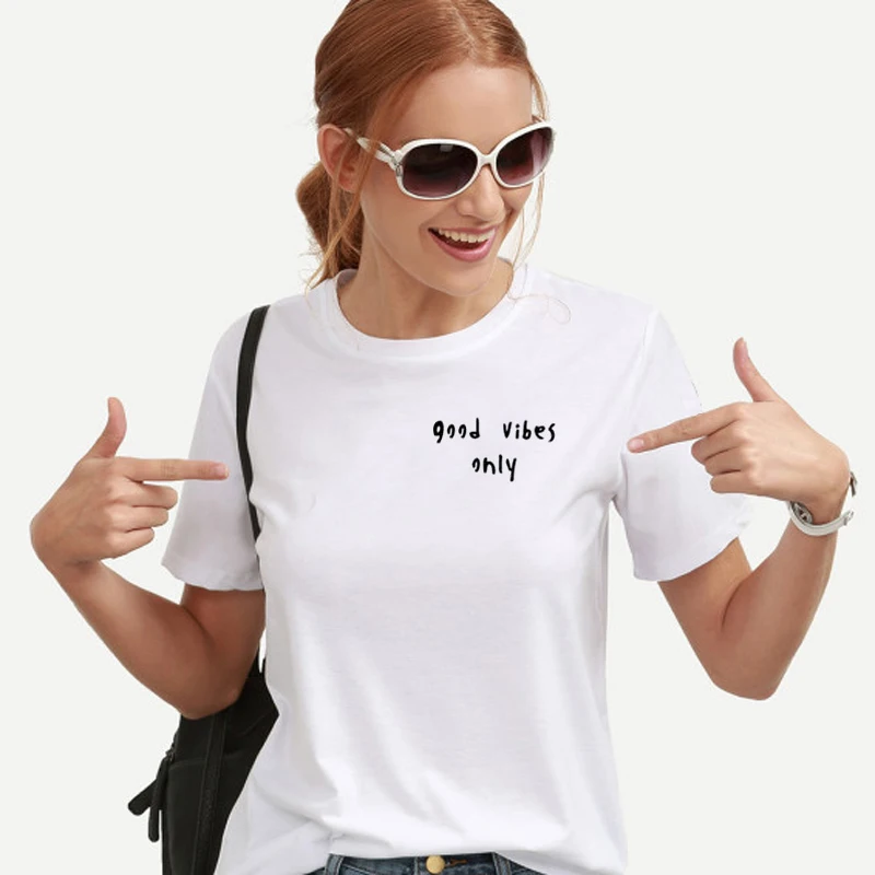 0229 Модная футболка с надписью "good Vibes Only", черная хлопковая Милая дышащая повседневная женская футболка, Harajuku, свободные кавайные Топы - Цвет: 0229