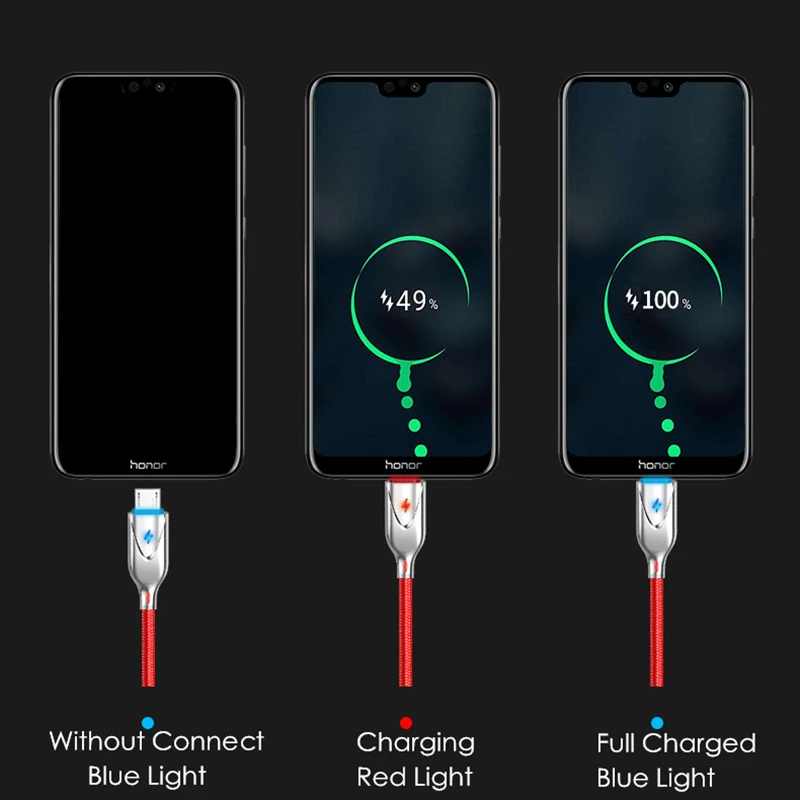 5V2.4A Цинк Быстрая зарядка 100 см LED Свет USB кабель Тип C зарядного устройства микро usb
