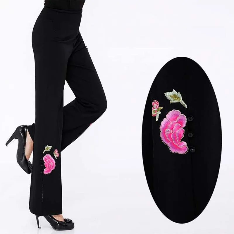 Женские брюки в китайском стиле черные с цветочной вышивкой большие размеры