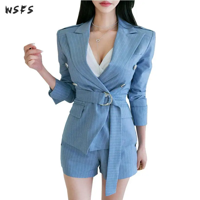 Женский деловой костюм в полоску летний комплект из 2 предметов Синие Деловые