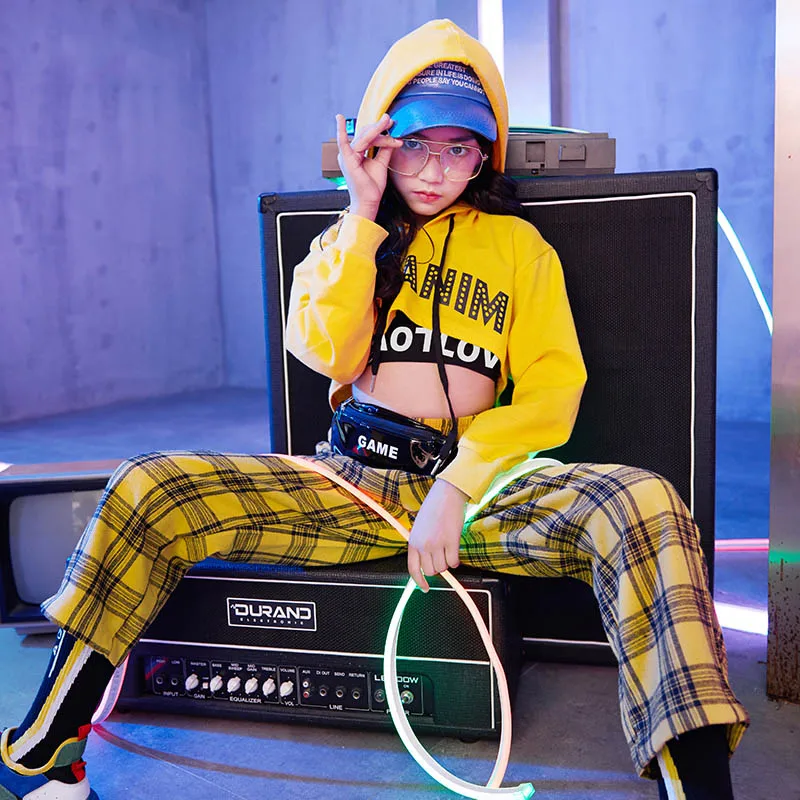 2019 детские танцевальные костюмы в стиле хип хоп желтый топ с капюшоном и длинными