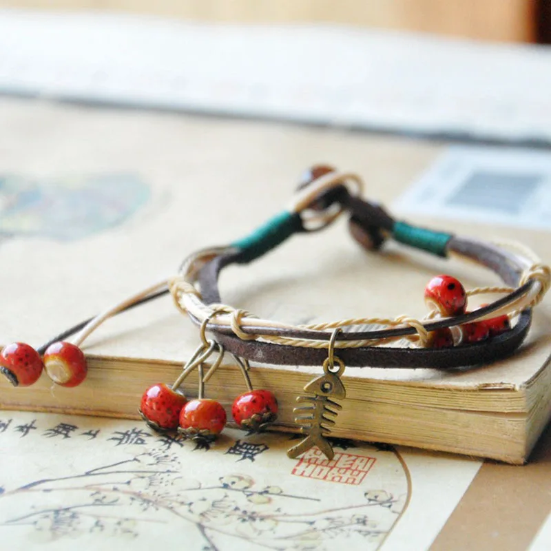 Многослойные кожаные браслеты керамические бусины браслет с кисточками рыба