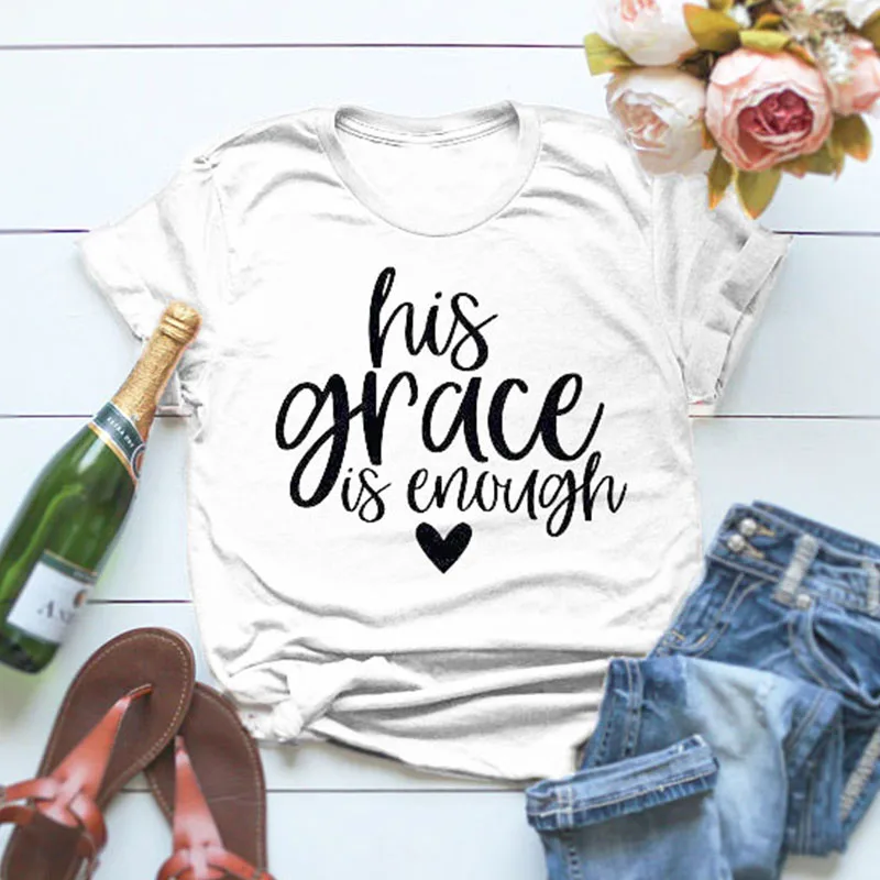 Женская футболка с надписью His Grace Is достаточно топы принтом Christian Jesus Religion летняя