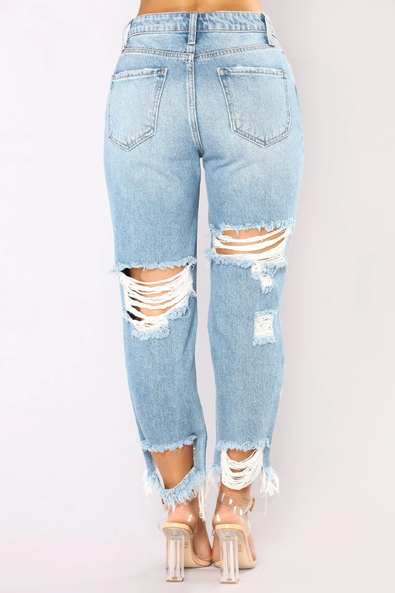 2019 Casual Long Jeans Women High Waist Skinny Pencil Blue Denim Pants Ripped Hole Slim Plus Size G3P9 |