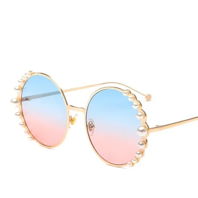 blue pink Венецианские круглые градиентные жемчужные солнцезащитные очки для женщин, Брендовые очки с жемчугом, винтажные брендовые дизайнерские солнцезащитные очки с металлическим каркасом - Цвет линз: blue pink