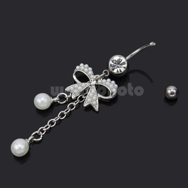 2017 New Pretty 316L Stainless Steel Pearl Butterfly Bow Belly Navel Ring Dangle Jewelry |