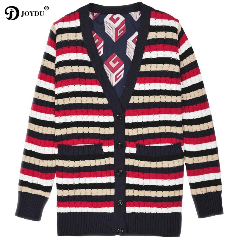 JOYDU Runway Vintage Stripes Cardigans Female 2018 New Fashion Geometric Lining V-neck Jersey Knitting Sweater Women Jacket |