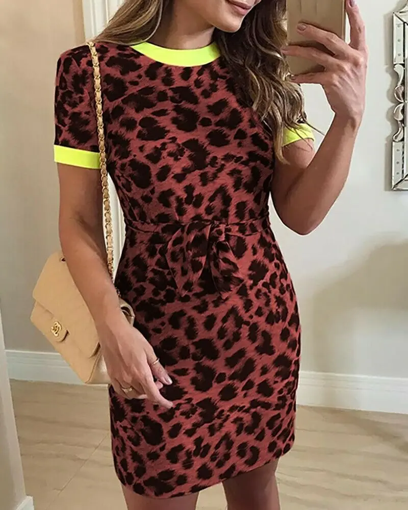Женское облегающее мини-платье с коротким рукавом леопардовое летнее платье