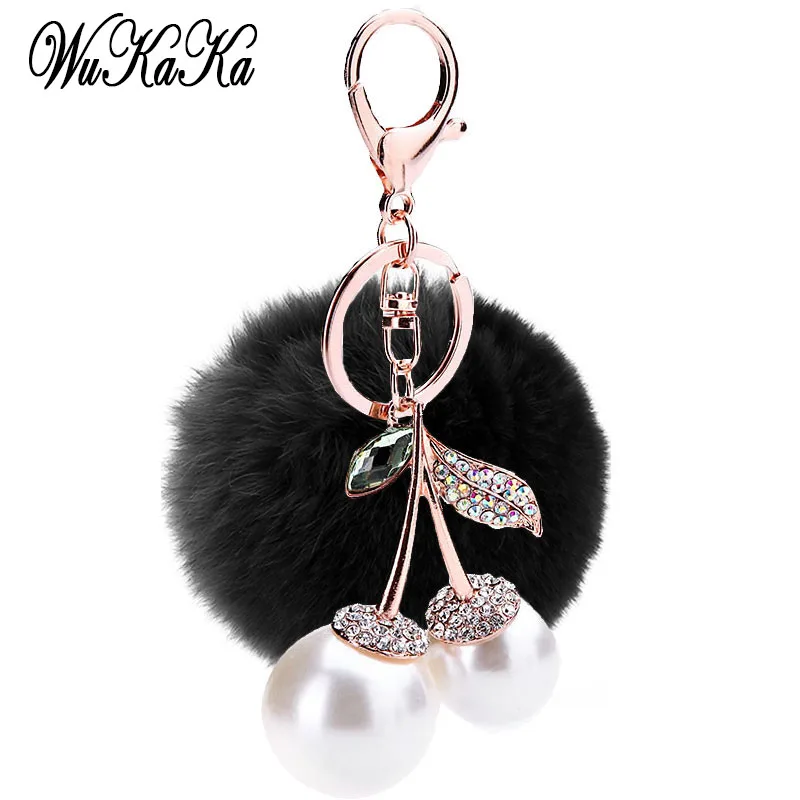 

2020 Fashion Pearl Fruit Crystal cherry Pompom Keychain Car Key Chain Ring Fluffy Puff Ball Keychains for Women handBag Jewelry