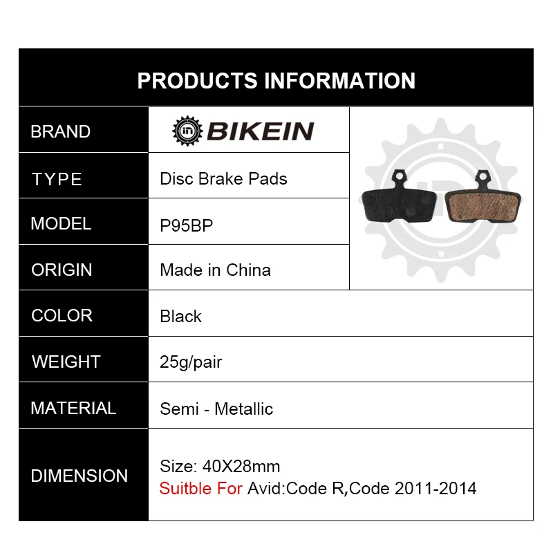 

BIKEIN - 2 Pairs MTB Bicycle Resin Disc Brake Pads For Avid Sram Code R Code 2011-2014 Mountain Bike Hydraulic Disc Brake 25g