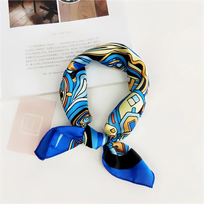 34 geometric blue Новые женские брендовые квадратные банданы шарфы женские винтажные Тонкие шарфы ретро с принтом головы шеи Шелковый сатиновый шарф шейный платок - Color: 34 geometric blue