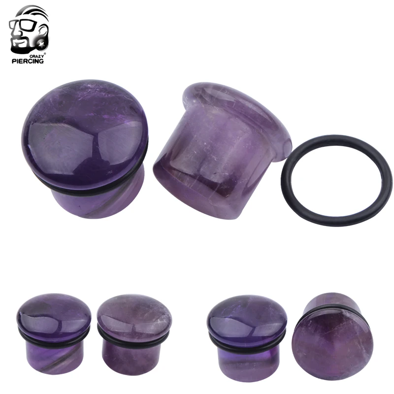 Серьги-туннели для пирсинга с натуральным фиолетовым камнем 2 шт. | Украшения и