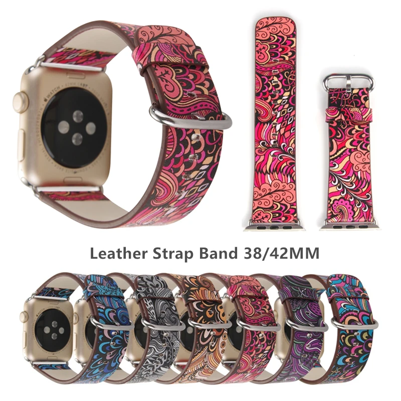 Кожаный ремешок для часов Apple Watch 44 мм 40 42 38 серии 4 3 2 1 с цветочным принтом наручные