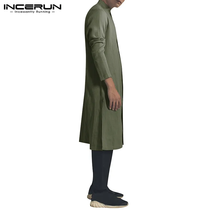 INCERUN, индийская одежда, костюм для мужчин, рубашка со стоячим воротником, длинный рукав, хлопок, винтажные длинные рубашки на пуговицах, Мужская мусульманская одежда