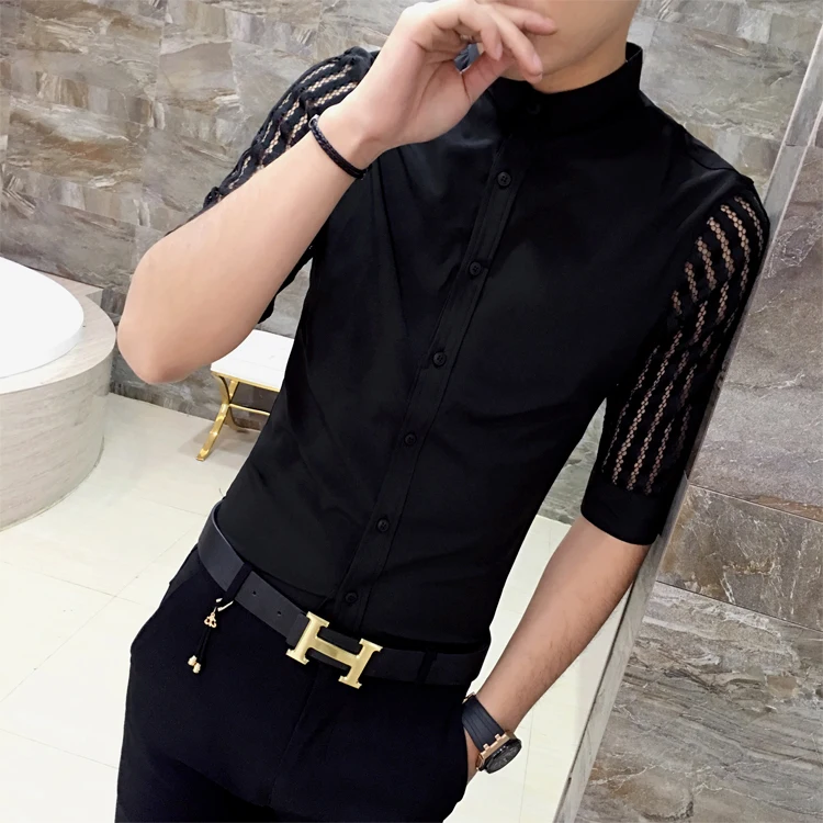 Мужская прозрачная рубашка черная белая для выпускного вечера кружевная модная