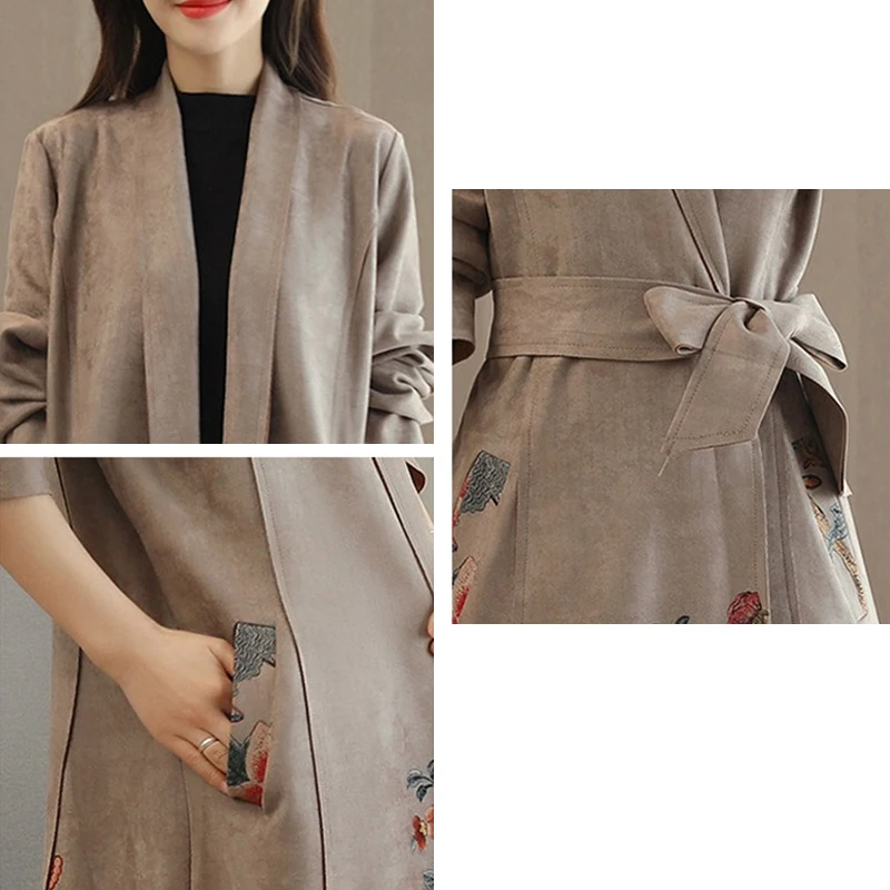 

New Autumn Suede Print Trench Coat Women Long Elegant Outwear Female Overcoat Cardigan With Belt Windbreaker Abrigo Mujer R761