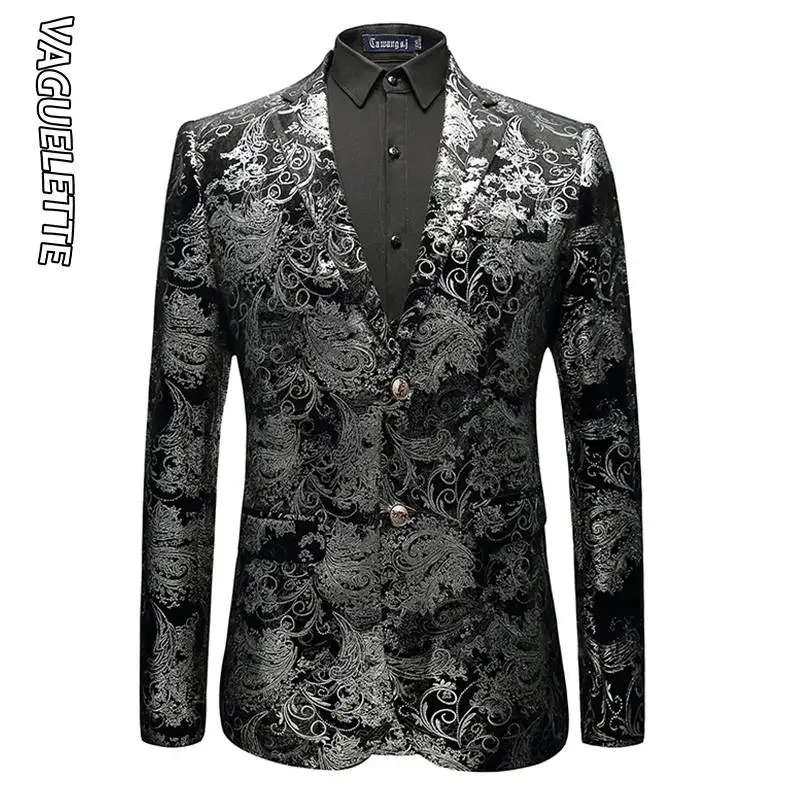 Silvery VAGUELETTE, элегантный бархатный мужской блейзер, цветочный рисунок Пейсли, свадебная сценическая одежда для мужчин, синий/красный/Золотой принт, мужской пиджак, M-6XL - Цвет: Silvery