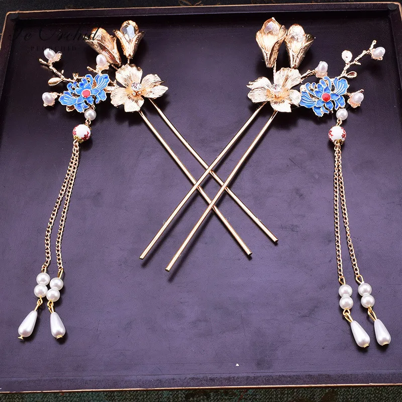 Заколки для волос PEORCHID золотого и синего цвета китайская заколка с цветочным