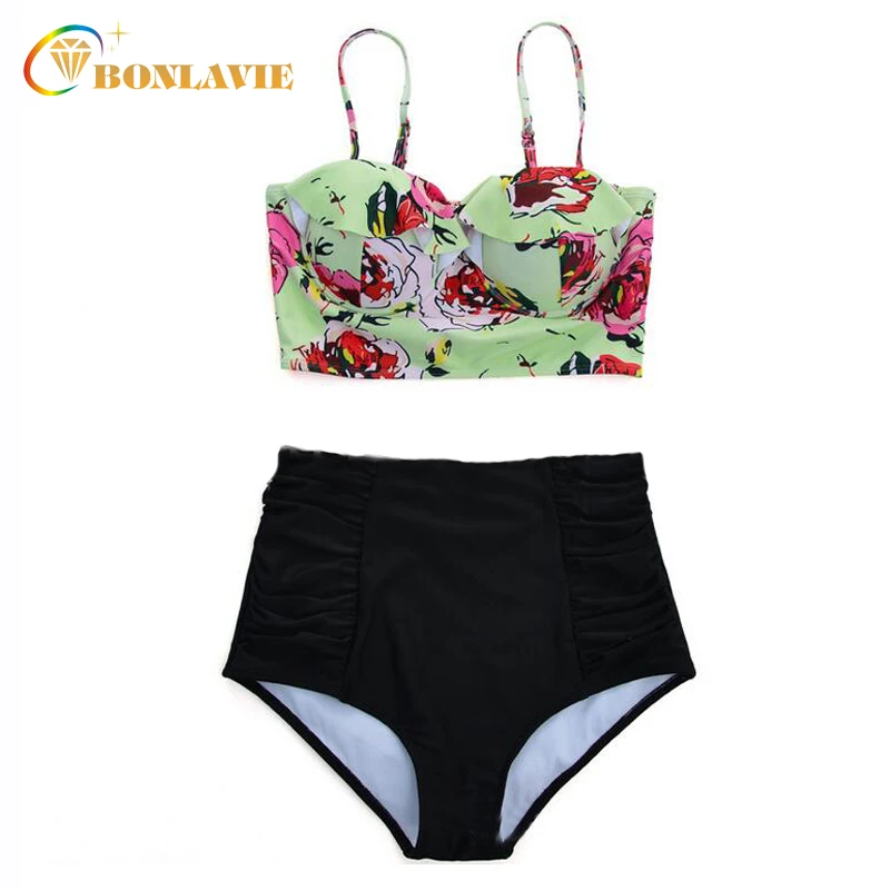 Бикини с высокой талией 2017 пуш-ап рюшами Цветочный размера плюс купальник