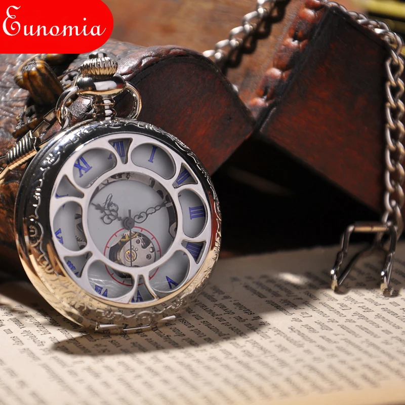 Круглые серебряные скелетоны стимпанк римские цифры карманные часы с цепочкой