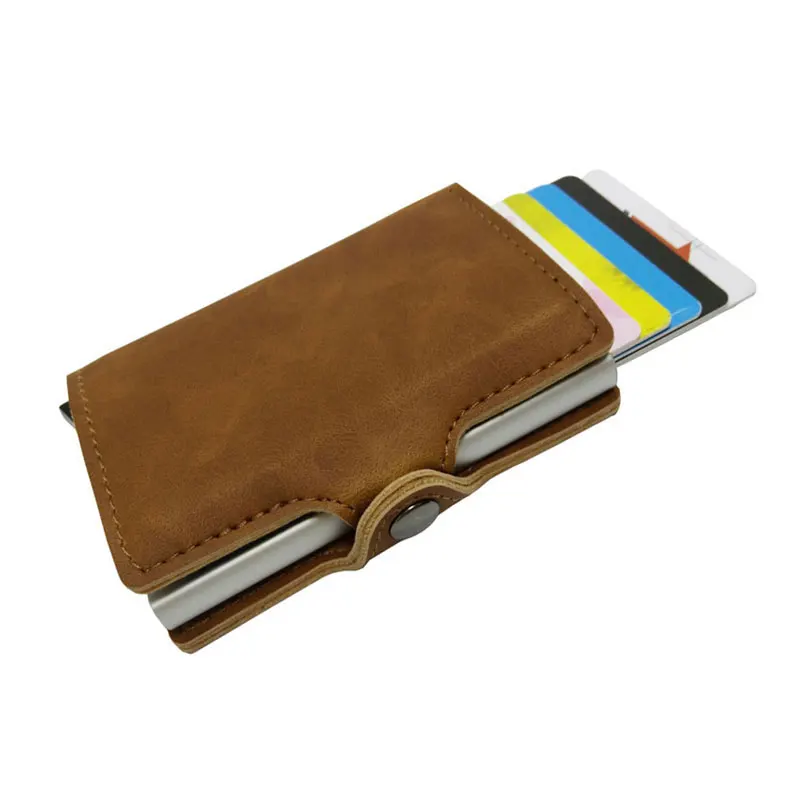 light brown Хит, RFID Блокировка, винтажный кожаный держатель для карт, мужской, алюминиевый сплав, металл, Бизнес ID, держатель для карт, кошелек, мужской Чехол для карт - Цвет: light brown