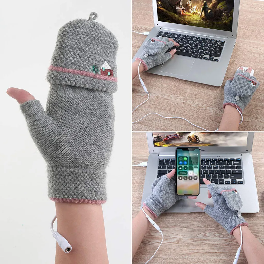 Женские перчатки для ноутбука зимние мужские с USB подогревом варежки полный и половина пальцев Зимний теплый вязаный перчатки для рук guantes handschoen