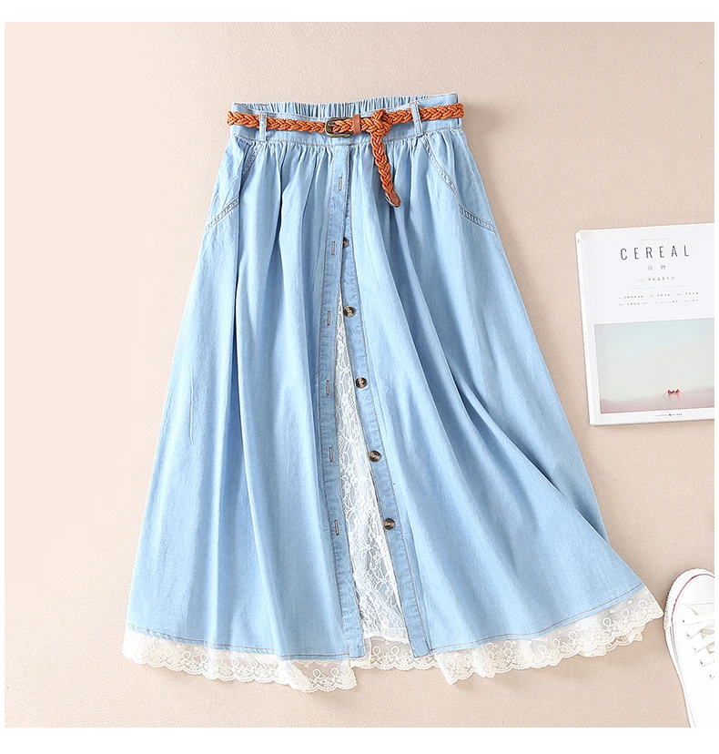 Японский стиль кружева лоскутное пояс однобортная юбка джинсовая Женская Лето