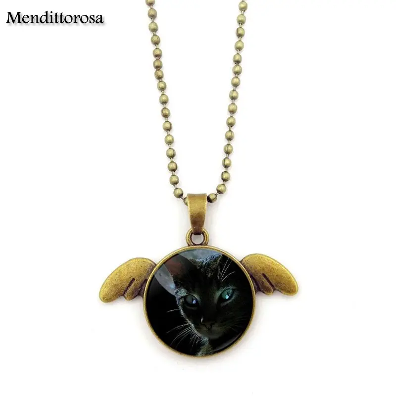 Ожерелье Mendittorosa с черной кошкой синей Луной и бронзовым покрытием ожерелье