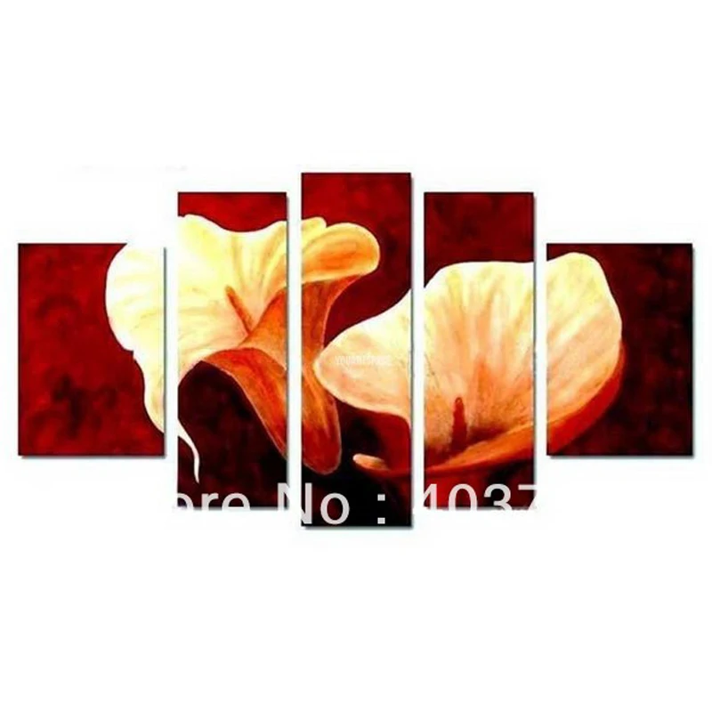 5 панелей Чистая ручная роспись Масляные картины Лилия Цветок красный фон для