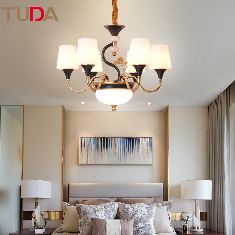 

TUDA LED Chandelier American Country Wrought Iron Chandelier Living Room Dining Room Bedroom Glass Jade Chandelier E27 110V 220V