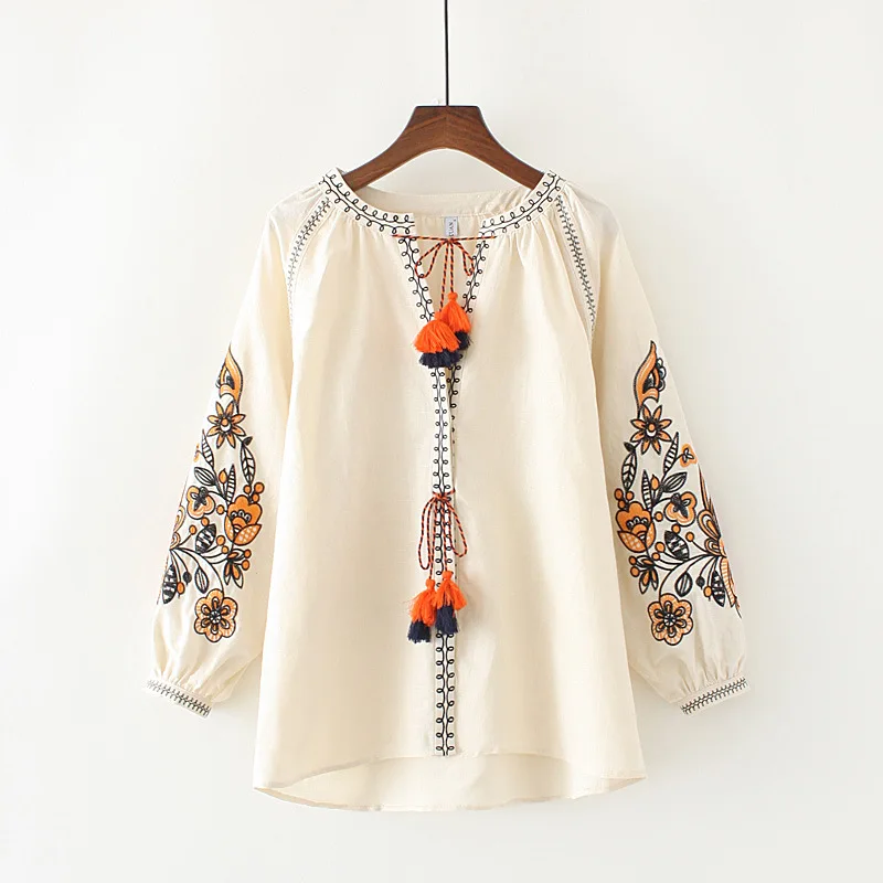 Plus Size Women Clothing Long Sleeve Cotton and Linen Blouse Shirt Casual Loose Beige Cape Shirts Cardigans Ethnic Tops Blusas |