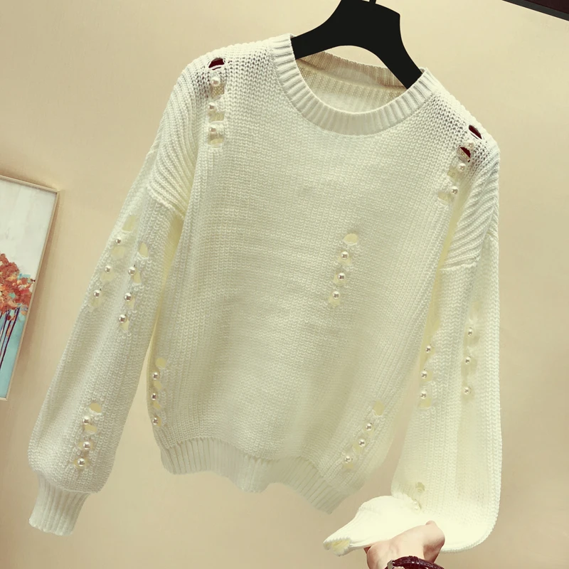 Милые свободные белые блузки с бусинами для ногтей зимние женские свитера одежда