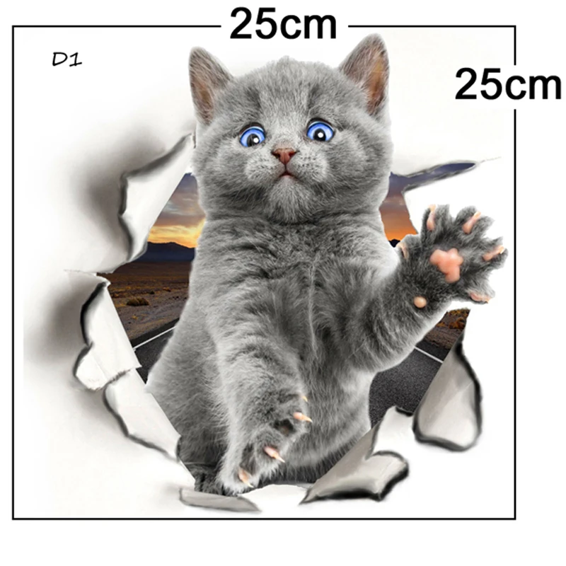 Различные милый котенок Животное мультфильм кошка стикер на стену 3D яркий ребенок детская комната ванная комната декорации пилинг и палка Туалет стикер