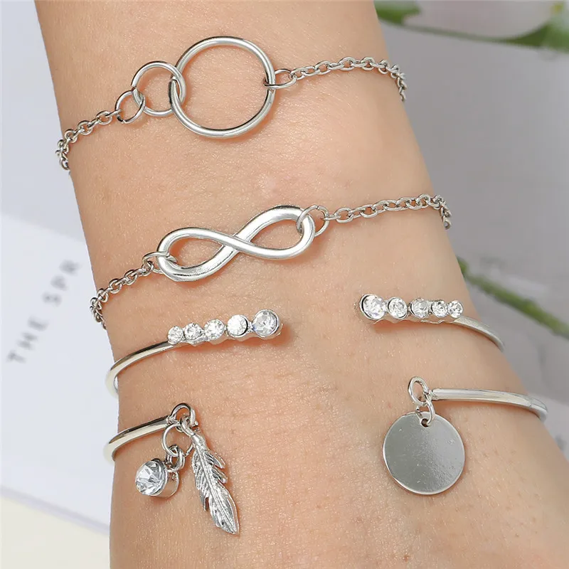 

Bohemian Silver Color Round Infinity Bracelets For Women Sequin Leaf Crystal Charm Bracelets Bangles Sets Jewelry Accessories