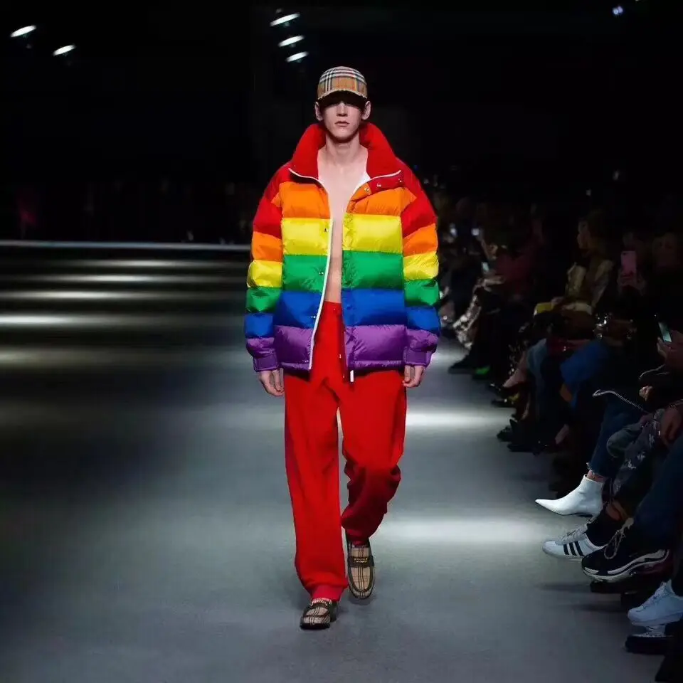 

Celebrity Style Rainbow Striped Warm Down Coat Women Short 90% White Duck Down Parkas Down Jacket Loose Casual Snow Outwear