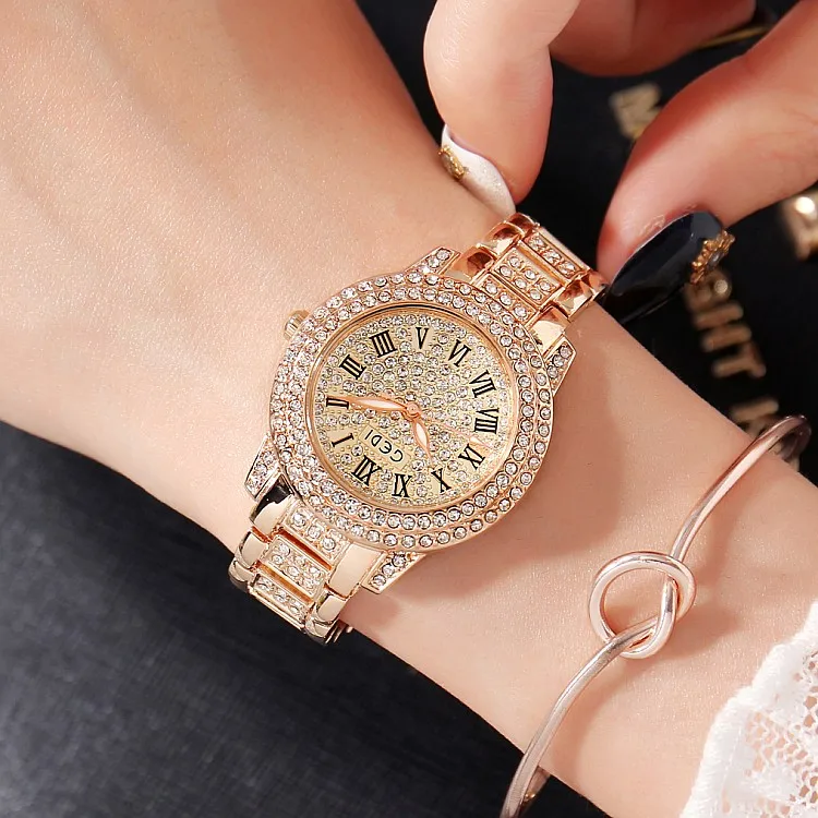 2019 Hot GEDI Fashion Rose Gold Women Watches Top Luxury Ladies Quartz Watch 2 Pieces Watches Full Rhinestone Dial Clocks Hours