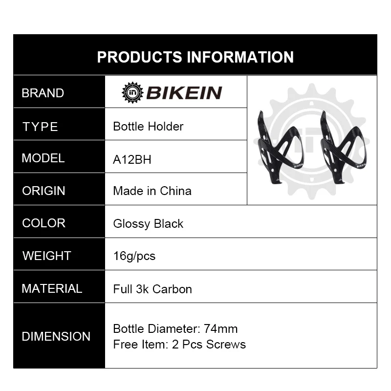 

BIKEIN 2PCS Full 3k Carbon Cycling Road Mountain Bike Water Bottle Holder Glossy Black Racing MTB Cup Bottle Cage Ultralight 16g